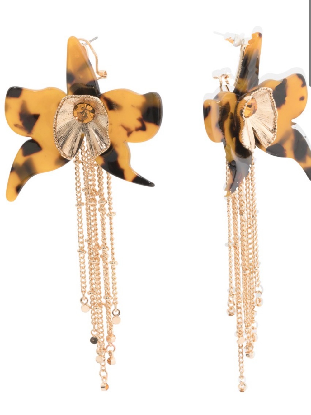 New Betsey Johnson Tortoiseshell Flower Drop Earrings with Gold Chains